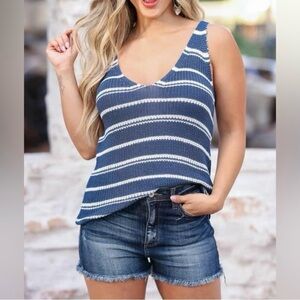 Newbury Kustom Blue White Stripe V-Neck Open Knit Sweater Tank Womens XXL NWT
